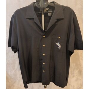 Hook & Tackle Marlin Shirt Mens L Black Embroidered Camp Fishing Button